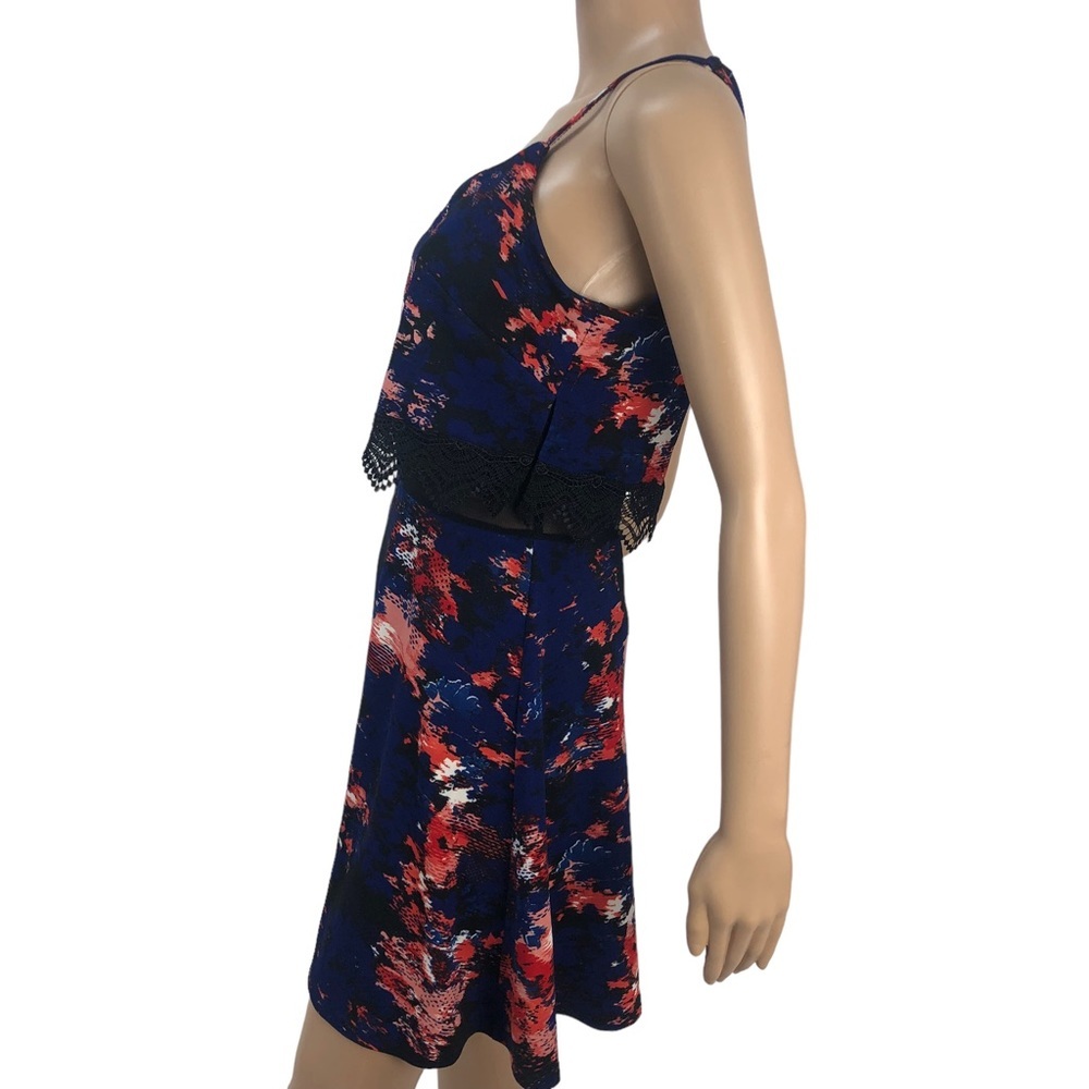 Material Girl Abstract Floral Printed A-Line Mini Dress Cami Lace Cut Out Dress - Picture 4 of 8